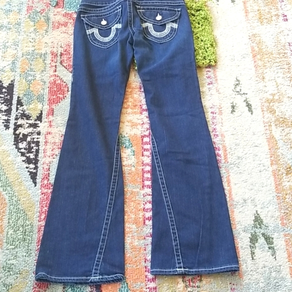 Y2k TRUE RELIGION Joey Dark Low FLARE HorseShoe Topstitched Bell IT Jeans 29 EUC - Picture 3 of 16